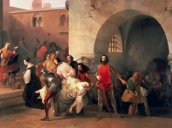 マルコ・ヴィスコンティがロザーテ城の地下で見つけた「ビーチェの跳躍」、フランチェスコ・ヘイズ（1791-1882）作、油彩・カンヴァス