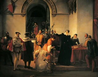 死刑判決が読み上げられる中、保安官の前で無罪を主張するスコットランドのメアリー女王（Francesco Hayez, 1791-1882