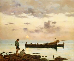 漁船と少年のいるマリーナ、Francesco Lojacono (1838-1915) 作、キャンバスに油彩、64x77 cm