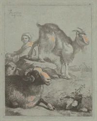 座っている羊飼い、雄羊、羊、ヤギ、1759 年。