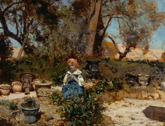 庭の少女、Francesco Paolo Michetti (1851-1929) 作、パネルに油彩、27x36 cm