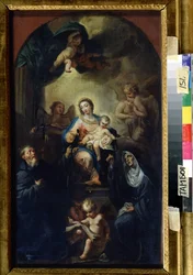聖人と聖母子 (マドンナと聖人と子)。 Francesco Trevisani (1656-1746) の絵画。 キャンバスに油彩、61.5 x 35.5 cm。 ヴェネツィア派、イタリアのバロック美術。 リージョナル アート ギャラリー、タンボフ (ロシア)。