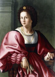4分の3の長さの女性の肖像画、手袋をはめて