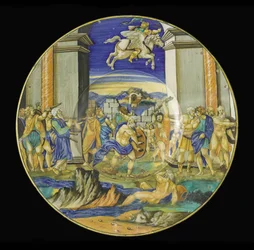 アリオストのオーランドフリオオーソ、1531年のシーンのプレート（maiolica）