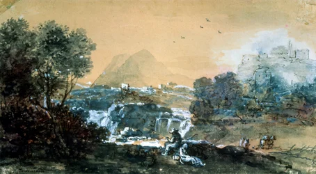 滝のある風景、18世紀のイタリア絵画。