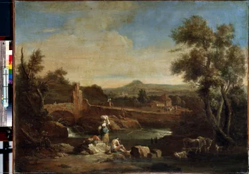 川のある風景。 Francesco Zuccarelli (1702-1788) の絵画。 キャンバスに油彩、81.5 x 119 cm。 18世紀のヴェネツィア美術. エルミタージュ美術館、サンクトペテルブルク。