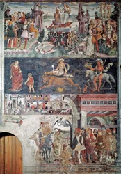 4月のアレゴリー 上部には金星の勝利、中央には牡牛のデカン、下部にはボルソ・デステ（1413-1471）がスココラ道化師に報酬を与える」（4月のアレゴリー、金星の勝利、牡牛のデカン、ボルソ・デステの報酬