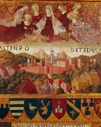 Exvoto（またはexvoto）：「「1466年から1467年の地震の時にシエナの街を守る聖母マリア」」詳細。 フランチェスコ ディ ジョルジョ マルティーニ (1439-1502) による木の絵、ビッチェルナ (Si 市の会計簿の表紙)