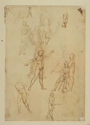 フィギュアの習作。ペン、茶インク、金属ペン先 ピンク色の紙...