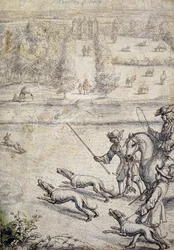 うさぎのコース、リチャード・ブローメの「紳士のレクリエーション」パブのイラスト。 1686年（紙にペンとインクで洗う）