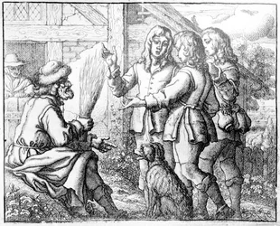 老人とその息子たち、「イソップ寓話」のイラスト、1666年（エッチング）