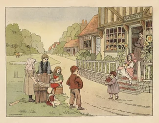 村のパン屋の外にいるヴィクトリア朝の子供たち。エドワード・ヴェラール・ルーカスの『The Book of Shops』からフランシス・ドンキン・ベッドフォードのイラストをもとにしたクロモリトグラフ。