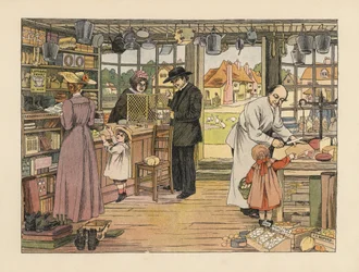 村の商店でハムや本、郵便物を買うヴィクトリア朝の客。エドワード・ヴェラール・ルーカスの『The Book of Shops』より、フランシス・ドンキン・ベッドフォードのイラストをもとにしたクロモリトグラフ。