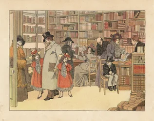 ヴィクトリア朝の書店の客。エドワード・ヴェラール・ルーカスの『The Book of Shops』からフランシス・ドーキン・ベッドフォードのイラストをもとにしたクロモリトグラフ。