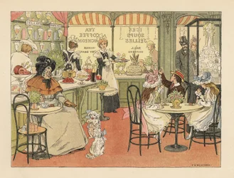 ヴィクトリア朝の茶店の客と菓子職人。エドワード・ヴェラール・ルーカスの『The Book of Shops』より、フランシス・ドンキン・ベッドフォードのイラストをもとにしたクロモリトグラフ。