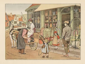 村の鉄工所、ヘンリー・フープのヴィクトリア朝の家族。エドワード・ヴェラール・ルーカスの『The Book of Shops』より、フランシス・ドンキン・ベッドフォードのイラストをもとにしたクロモリトグラフ。