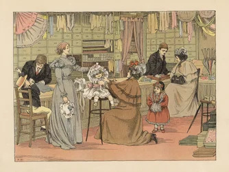 精肉店でボンネットを試着するヴィクトリア朝の母親と子供たち。エドワード・ヴェラール・ルーカスの『The Book of Shops』より、フランシス・ドンキン・ベッドフォードのイラストをもとにしたクロモリトグラフ。