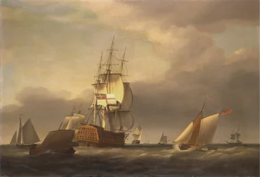 兵士と小型船のある海の風景