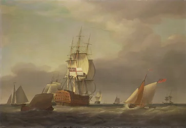 戦争の男性と小さな工芸品と海の風景
