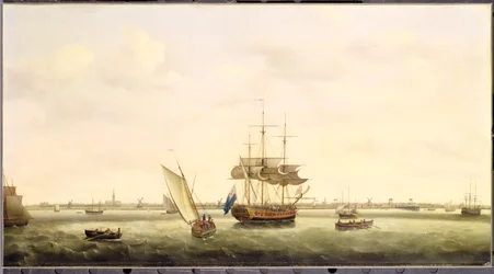 1775年頃、ノーフォークのグレートヤーマス沖のアンカーにあるフリゲート「サプライズ」