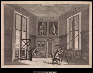 王立天文台の「大星の間」または「八角の間」で天文器具を使う3人の人物（1676年頃）。