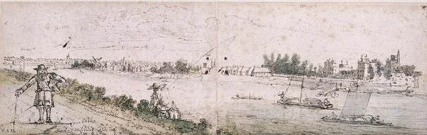 ミルバンクからピーターバラ公爵邸横のランベスの眺め（水彩画