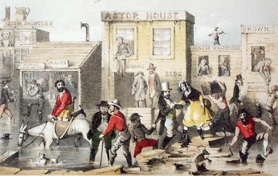 1849年の冬、フランク・マルヤット著、J.ブランダード彫刻、1855年発行の「山と丘、または焼けた日誌の回想」より（カラーリトグラフ）。