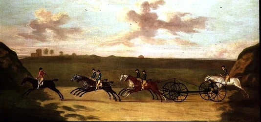 1750年8月29日、ニューマーケットでの馬車の試合、時間に反して（油彩・キャンバス）