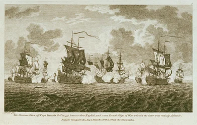 12枚の海戦の版画。1757年10月21日、フランソワ岬沖でのイングランド軍とフランス軍7隻の戦艦との間で行われた栄光の戦闘。（エッチング）