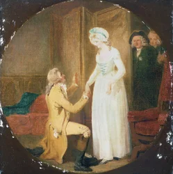 オリバー・ゴールドスミス (1730-1774) による劇「彼女は征服するためにかがむ」の第 5 幕、第 3 場