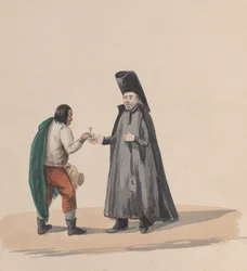 ペルーの衣装を描いたデッサン群から、男性に十字架を手渡すカノン（1848年