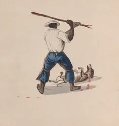 犬を棒で叩く男を後ろから見た図... 1848年頃