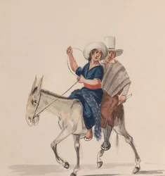 ロバに乗っているインド人の男性と女性、ペルーを描いた一連の素描から. 1848年。