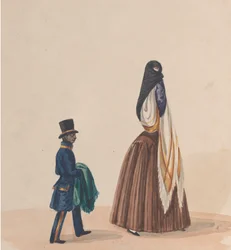 優雅に着飾った女性とそのページ、ペルーを描いたデッサン群より... 1848年頃