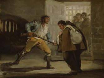 マラガートは彼の銃でザルディビアの修道士ピーターを脅かします, c. 1806年。