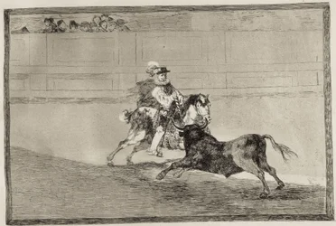スペインの騎士が闘牛場で馬に乗り、助手の助けを借りずに短い槍を折る。1816年。スペイン。マドリード（自治州）。マドリード。国立図書館