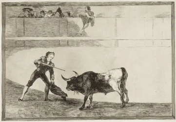 ペドロ・ロメロが動きを止めた雄牛を殺す。1816年。（25.1 x 35.9センチメートル）。ペドロ・ロメロ（1754-1839年）。スペインの闘牛士。「闘牛技法」第30図版。スペイン。マドリード（自治州）。マドリード。国立図書館