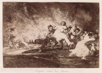 彼らは炎の中を逃げる。1810-1812年。（16.1 x 23.3センチメートル）。「戦争の惨禍」第47図版。スペイン。マドリード（自治州）。マドリード。国立図書館