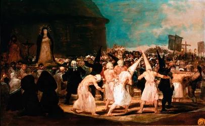 サン・フェルナンド・アカデミーの社会的トピックス。フランシスコ・ゴヤ・イ・ルシエンテス（1746-1828）による絵画「村での鞭打ち人の行列」 1812-1814年 薄暗い。45x72 cm Madrid, academy of San Fernando