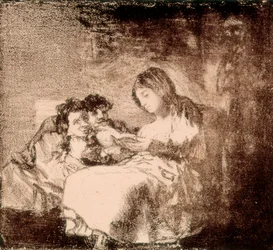 「「女性が2人の子供に物語を読む」」フランシスコ・デ・ゴヤ・イ・ルシエンテス（1746-1828）によるリトグラフ。 1819-1822。 マドリード。 国立図書館