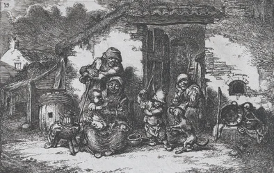 プレート 19: 家の外で犬と遊ぶ家族と少年、1850 年の一連の習慣から。