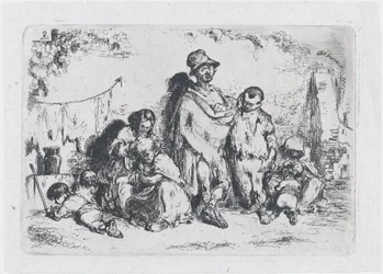 プレート 2: 通行人の一団、おそらく物乞い、一連の税関から…、1850 年。