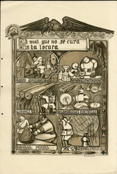 フランシスコ・サンチャ・レンゴ（1874-1936）のイラスト - 1915年頃の飛葉 - El mal que no se cura es la locura - 14～18年戦争, ドイツ・プロイセン, 吸引性ガス, スペイン語, 外国の報道機関