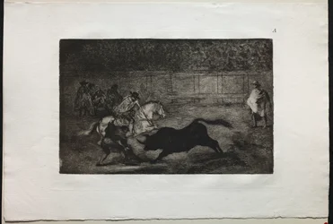 闘牛：アシスタントの助けを借りて短槍を破壊するスペイン騎馬騎士、1876年。
