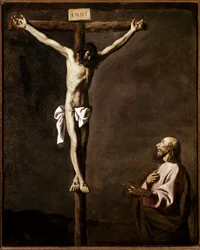 磔刑と画家 十字架の下で聖ルカに扮した画家の自画像。フランシスコ・デ・ズルバラン（1598-1664）による絵画 1635-1640年 薄暗い。105x84 cm マドリード、プラド美術館