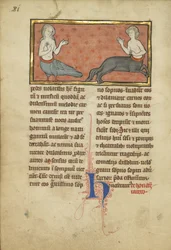 動物寓話のMsLudwig XV 4のサイレンとケンタウロス、fol。 81v、c.1280-1300（テンペラ、ペンとインク、金箔と羊皮紙の絵の具）