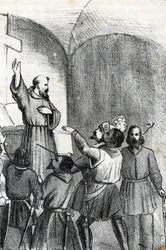 第四次ヴェネツィア・オスマン戦争: 1571 年 10 月 7 日にギリシャのパトラス湾で勃発したレパンテ海戦の前夜にイスラム教徒を打ち負かすよう教会が呼びかけた (オスマン・ヴェネティ戦争中のレパント海戦の前日のキリスト教連合)