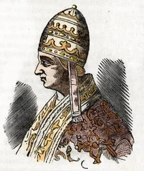 中世: 教皇ケレスティヌス 3 世 (セレスティネ、ケレスティヌス、またはカレスティヌス) (1191-1198) の表現、バチカンの密儀からの描写"" by Franco Mistrali