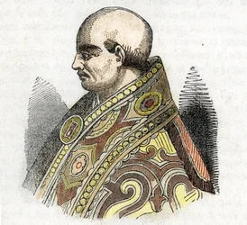 中世: 教皇ウルバヌス 4 世 (アーバンまたはウルバヌスまたはウルバノ) (1261-1264) の描写フランコ ミストラーリによる「ミステリ デル ヴァチカーノ」からの描画