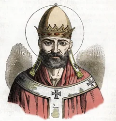 1843年にフランコ・ミストラーリが描いた「I misteri del vaticano」から描いた教皇ダマスス1世（教皇ダマスス）（305-384）の肖像